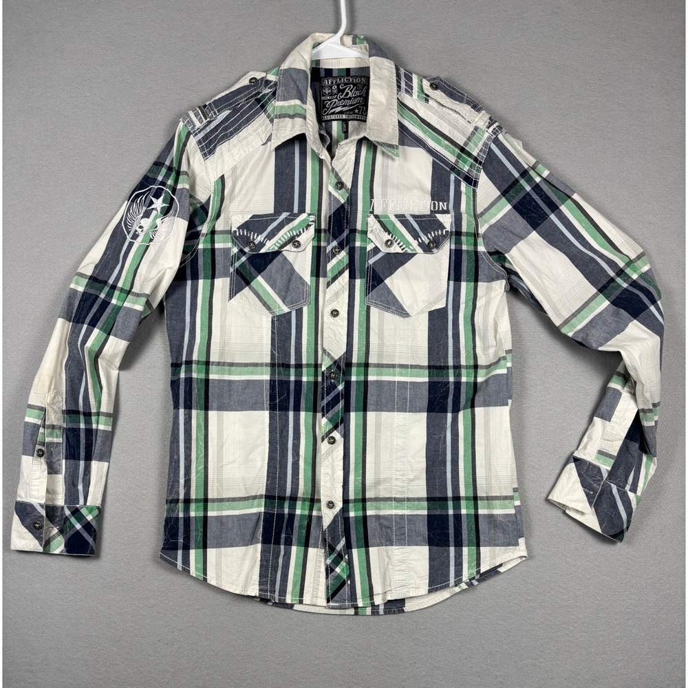 Affliction Black Premium Plaid Button Down Shirt Embroidered LRG Green Blue Y2K